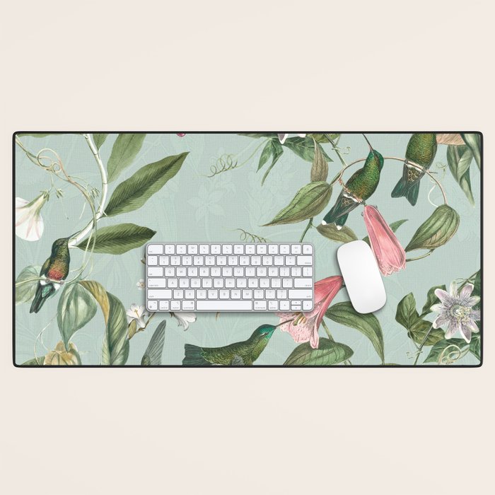 Vintage Hummingbirds and Passiflora Paradise Garden in Teal and Pink Desk Mat Gallery Image 1