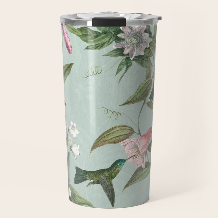 Vintage Hummingbirds and Passiflora Paradise Garden in Teal and Pink Travel Mug Gallery Image 1