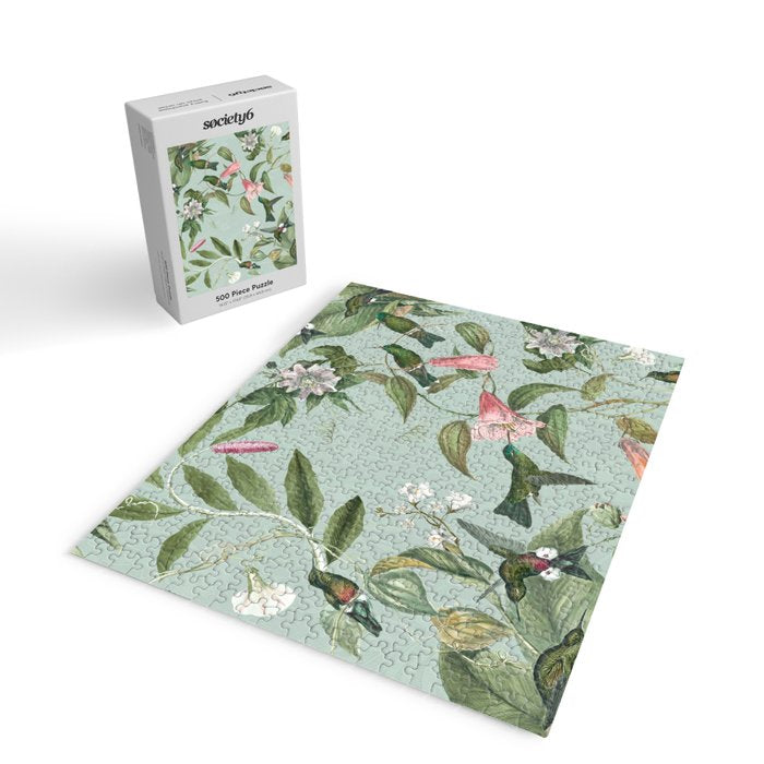 Vintage Hummingbirds and Passiflora Paradise Garden in Teal and Pink Jigsaw Puzzle Gallery Image 2