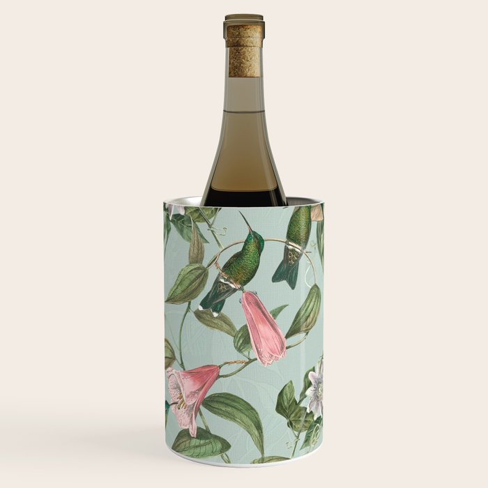 Vintage Hummingbirds and Passiflora Paradise Garden in Teal and Pink Wine Chiller Gallery Image 3