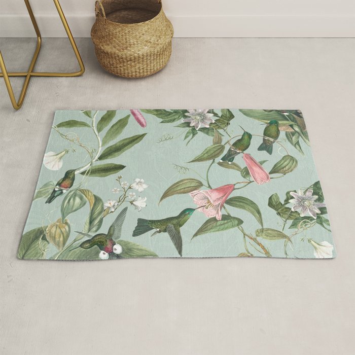 Vintage Hummingbirds and Passiflora Paradise Garden in Teal and Pink Rug Gallery Image 1