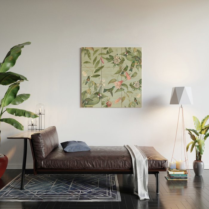 Vintage Hummingbirds and Passiflora Paradise Garden in Teal and Pink Wood Wall Art Gallery Image 2