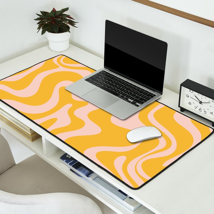 Liquid Swirl Retro Abstract Pattern in Mustard Orange and Light Blush Pink Desk Mat Gallery Image 2