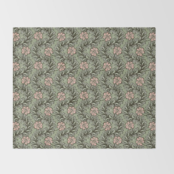 Climbing Leaves Floral Stripe Sage Green and Pink Throw Blanket Gallery Image 2
