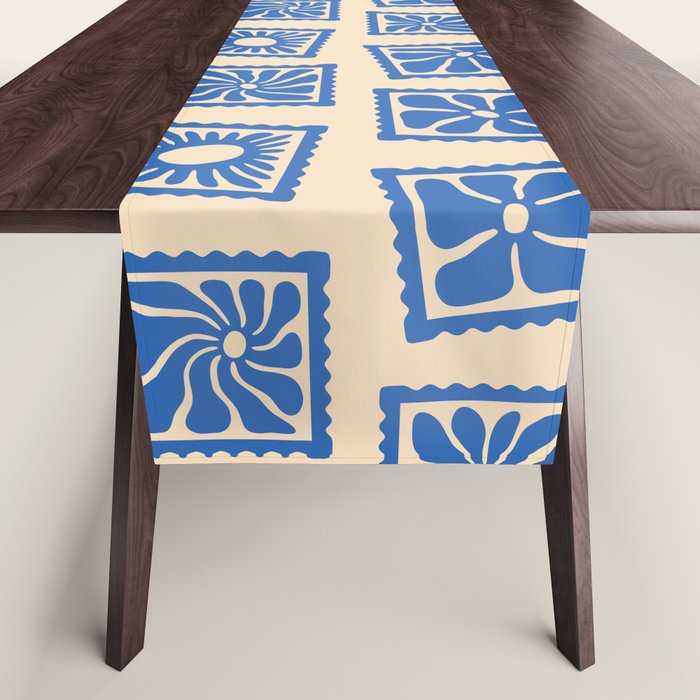 Vintage blue flower postage stamp pattern Table Runner Gallery Image 1