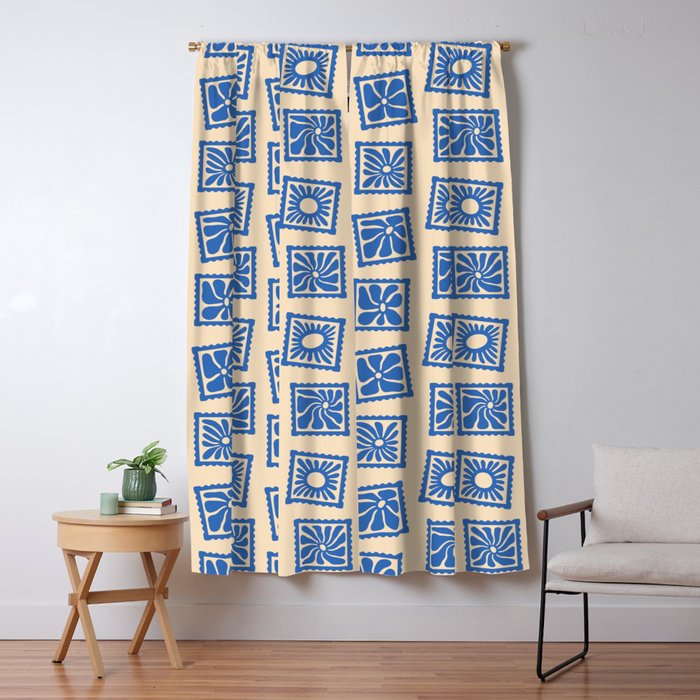 Vintage blue flower postage stamp pattern Window Curtain Gallery Image 1