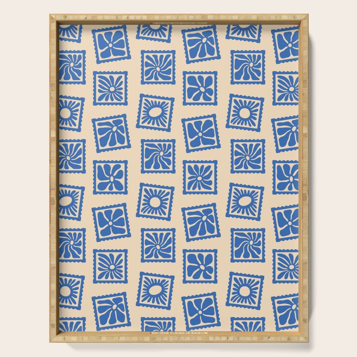 Vintage blue flower postage stamp pattern Serving Tray Gallery Image 1