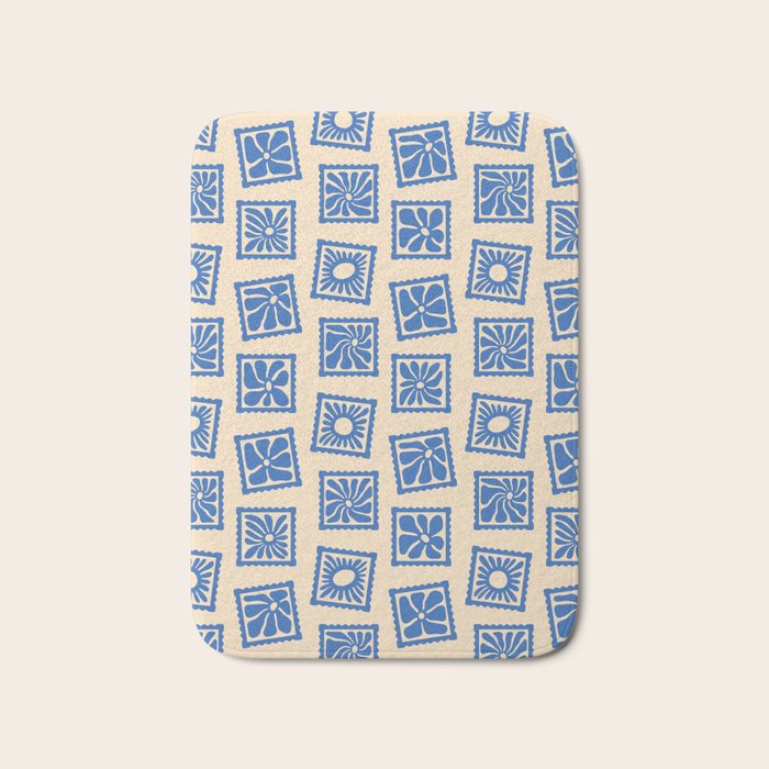 Vintage blue flower postage stamp pattern Bath Mat Gallery Image 1