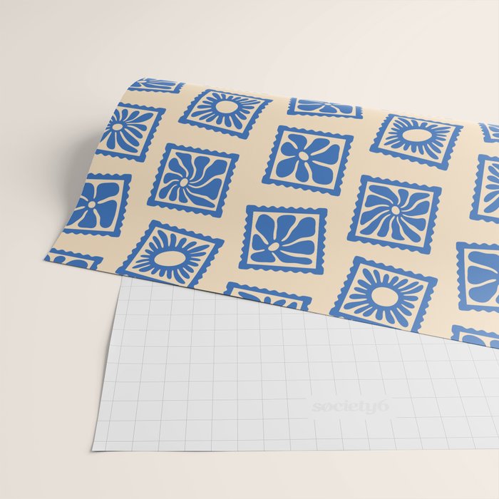 Vintage blue flower postage stamp pattern Wrapping Paper Gallery Image 2