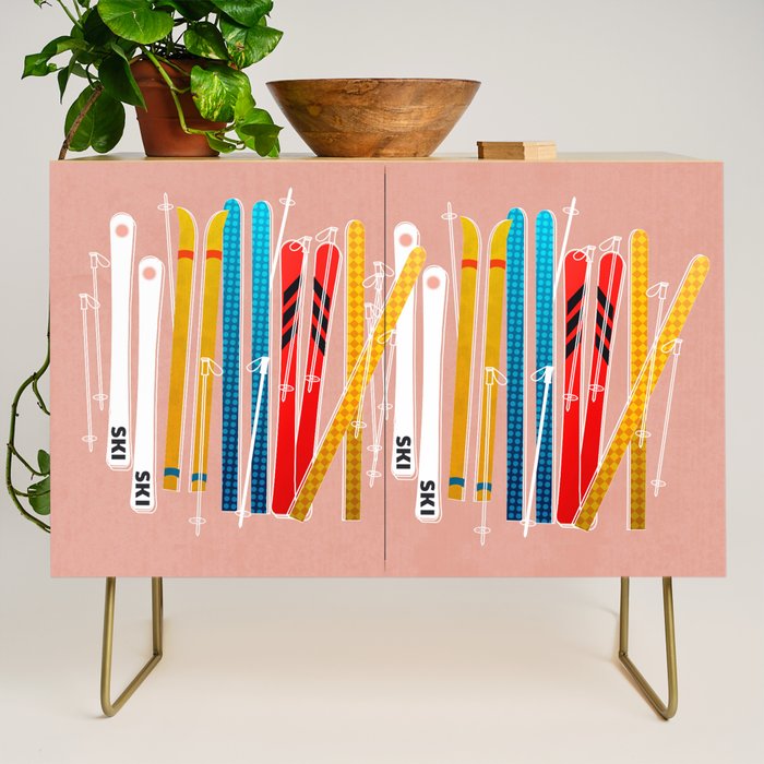 Colorful Ski Illustration and Pattern no 2 Credenza Gallery Image 1