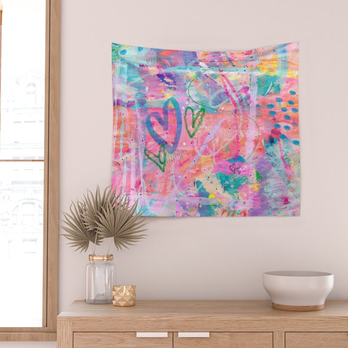 Girly Graffiti with Hearts and Doodles Wall Tapestry Gallery Image 2