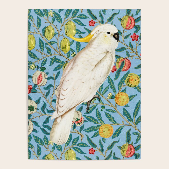 Tropical Cockatoo Bird on Antique William Morris Four Fruits Pattern Poster Gallery Image 1