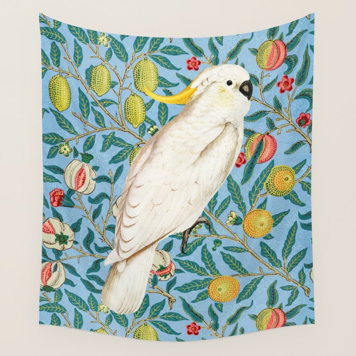 Tropical Cockatoo Bird on Antique William Morris Four Fruits Pattern Wall Tapestry Gallery Image 4