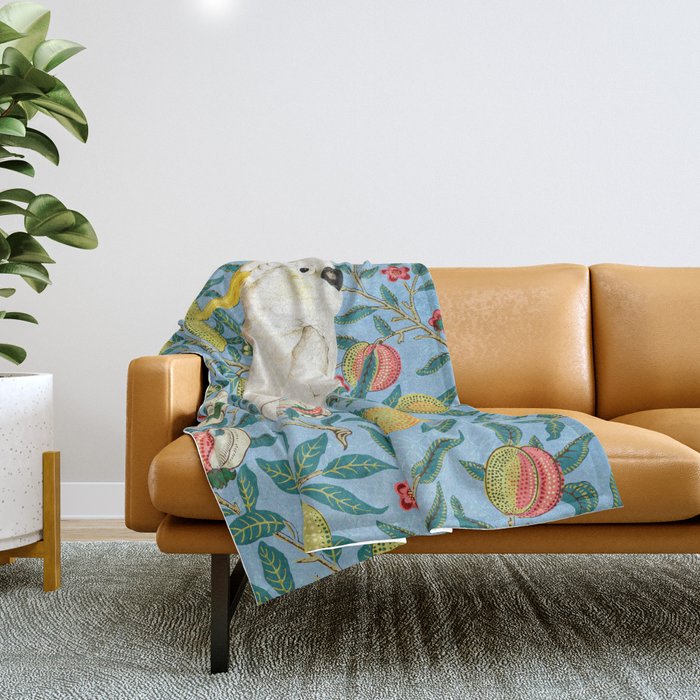 Tropical Cockatoo Bird on Antique William Morris Four Fruits Pattern Throw Blanket Gallery Image 1