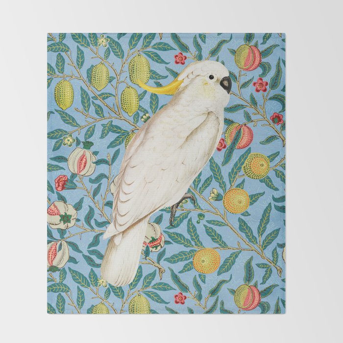 Tropical Cockatoo Bird on Antique William Morris Four Fruits Pattern Throw Blanket Gallery Image 2