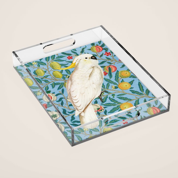 Tropical Cockatoo Bird on Antique William Morris Four Fruits Pattern Acrylic Tray Gallery Image 1