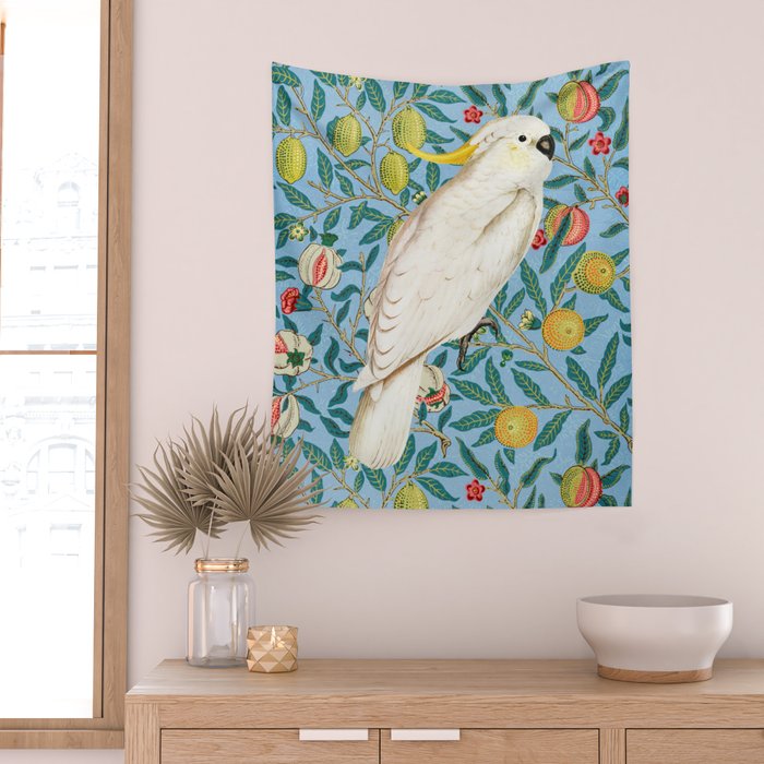 Tropical Cockatoo Bird on Antique William Morris Four Fruits Pattern Wall Tapestry Gallery Image 2