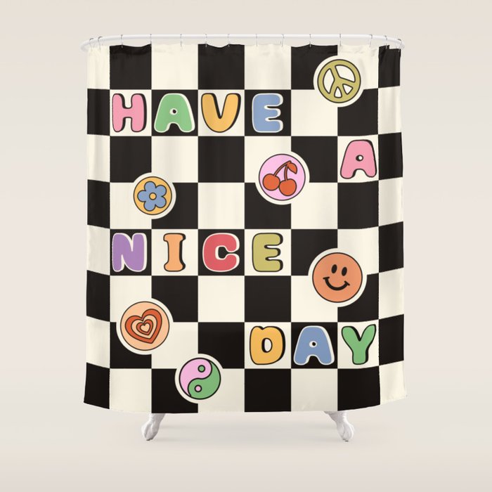 Have A Nice Day. Y2k Stickers, Black & White Checker Shower Curtain Gallery Image 1