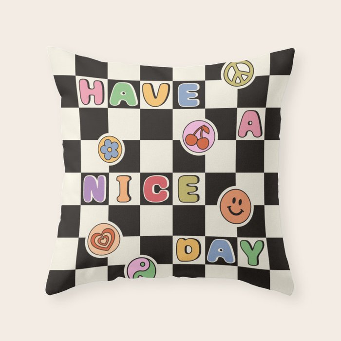 Have A Nice Day. Y2k Stickers, Black & White Checker Throw Pillow Gallery Image 6