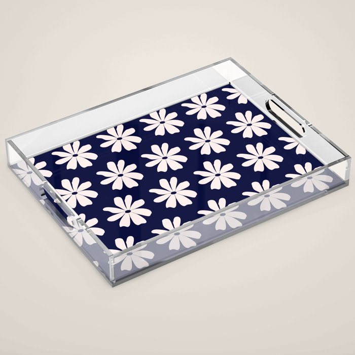 Retro Daisy  Pattern - White and Navy  Acrylic Tray Gallery Image 1
