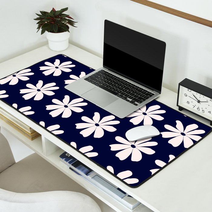 Retro Daisy  Pattern - White and Navy  Desk Mat Gallery Image 2