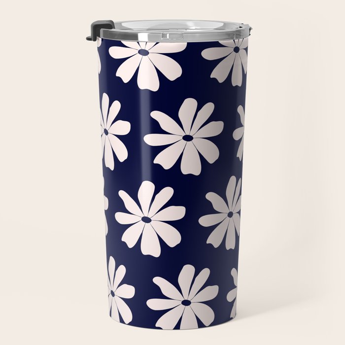 Retro Daisy  Pattern - White and Navy  Travel Mug Gallery Image 3