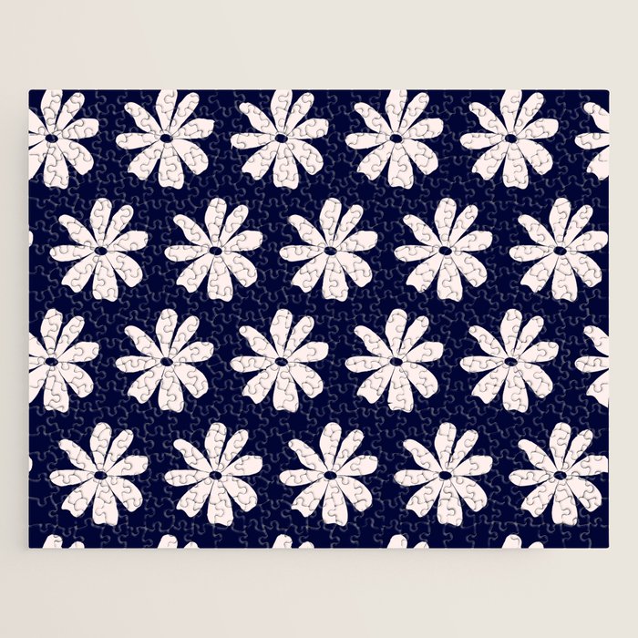 Retro Daisy  Pattern - White and Navy  Jigsaw Puzzle Gallery Image 1