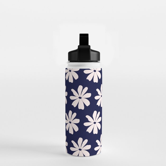 Retro Daisy  Pattern - White and Navy  Water Bottle Gallery Image 2