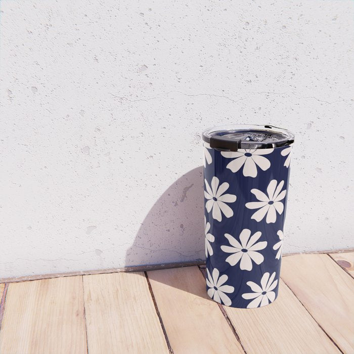 Retro Daisy  Pattern - White and Navy  Travel Mug Gallery Image 4
