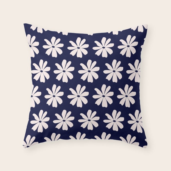 Retro Daisy  Pattern - White and Navy  Throw Pillow Gallery Image 6