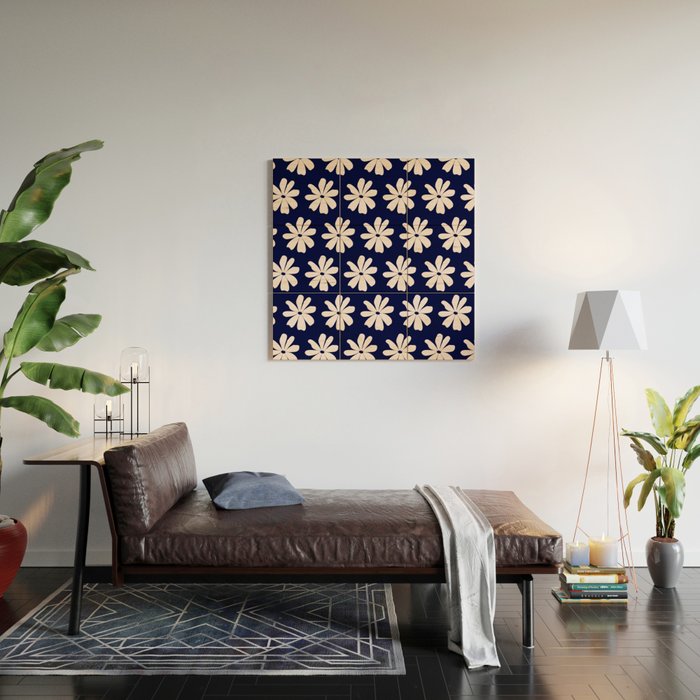 Retro Daisy  Pattern - White and Navy  Wood Wall Art Gallery Image 2