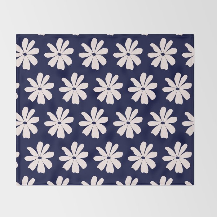 Retro Daisy  Pattern - White and Navy  Throw Blanket Gallery Image 2