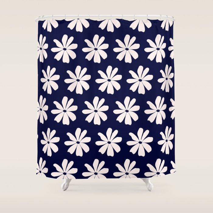 Retro Daisy  Pattern - White and Navy  Shower Curtain Gallery Image 1