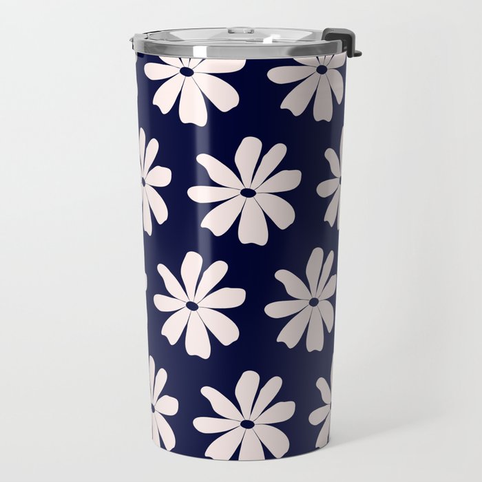 Retro Daisy  Pattern - White and Navy  Travel Mug Gallery Image 2