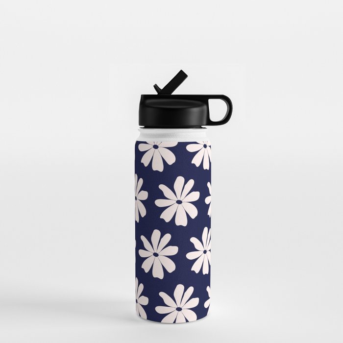 Retro Daisy  Pattern - White and Navy  Water Bottle Gallery Image 1