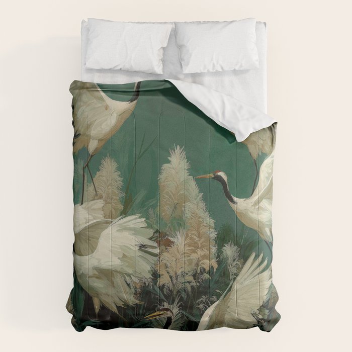 Japanese Poster Heron chinoiserie Print Bird Wall Art asian Japandi Wall Art sage green Painting Comforter Gallery Image 1