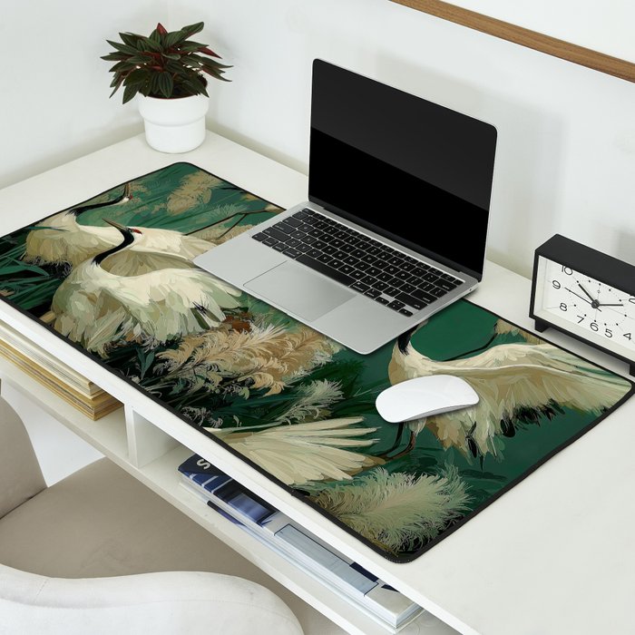 Japanese Poster Heron chinoiserie Print Bird Wall Art asian Japandi Wall Art sage green Painting Desk Mat Gallery Image 2