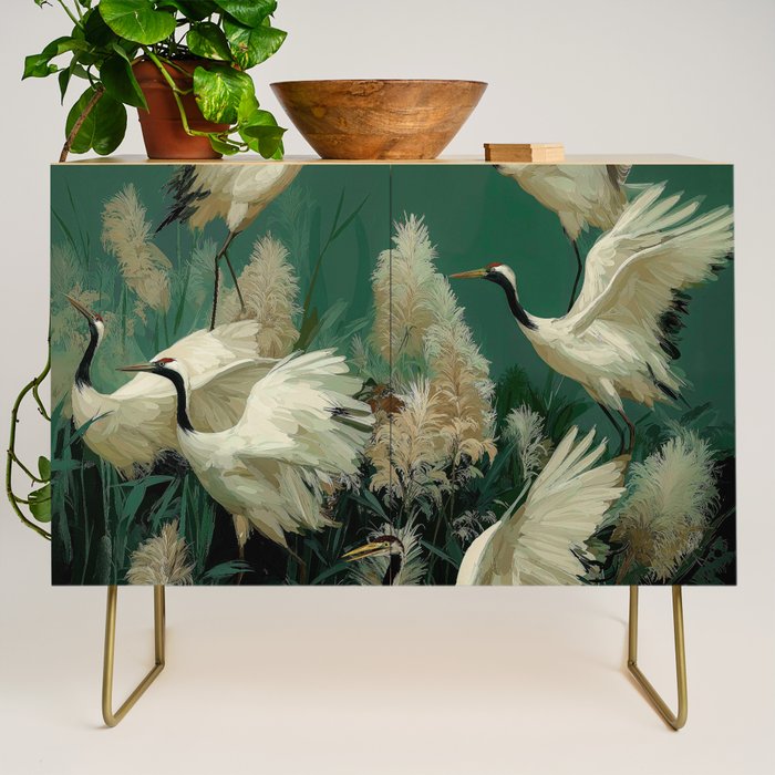 Japanese Poster Heron chinoiserie Print Bird Wall Art asian Japandi Wall Art sage green Painting Credenza Gallery Image 1