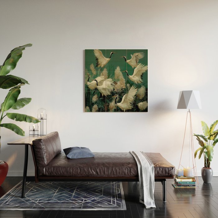 Japanese Poster Heron chinoiserie Print Bird Wall Art asian Japandi Wall Art sage green Painting Wood Wall Art Gallery Image 2