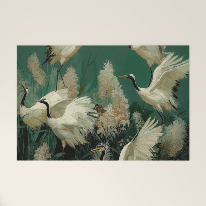 Japanese Poster Heron chinoiserie Print Bird Wall Art asian Japandi Wall Art sage green Painting Welcome Mat Gallery Image 1