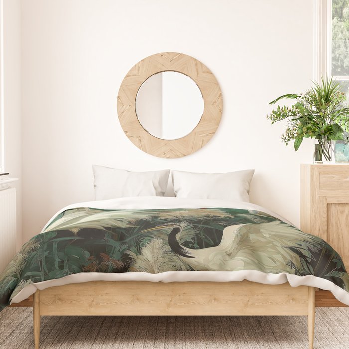 Japanese Poster Heron chinoiserie Print Bird Wall Art asian Japandi Wall Art sage green Painting Duvet Cover Gallery Image 3