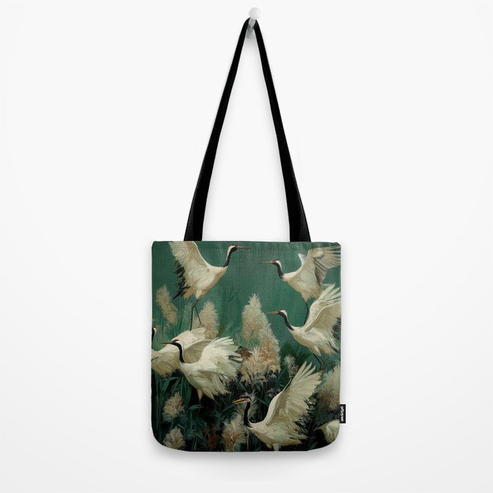 Japanese Poster Heron chinoiserie Print Bird Wall Art asian Japandi Wall Art sage green Painting Tote Bag Gallery Image 2
