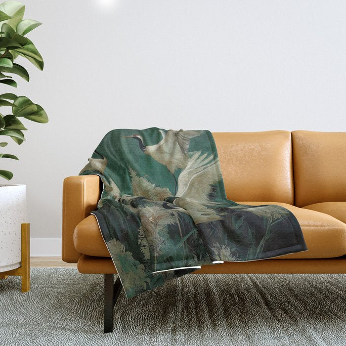 Japanese Poster Heron chinoiserie Print Bird Wall Art asian Japandi Wall Art sage green Painting Throw Blanket Gallery Image 1