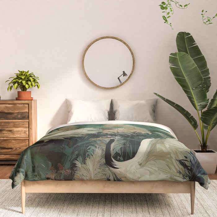 Japanese Poster Heron chinoiserie Print Bird Wall Art asian Japandi Wall Art sage green Painting Comforter Gallery Image 3