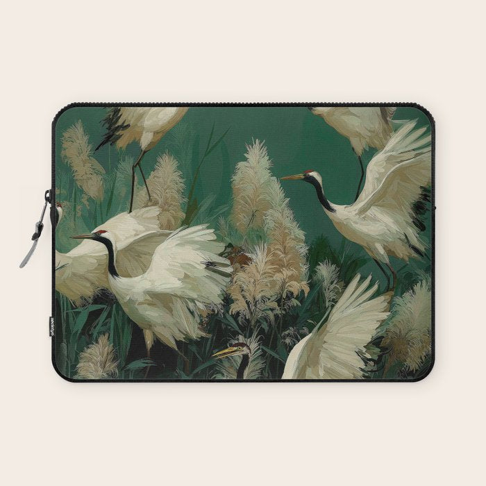 Japanese Poster Heron chinoiserie Print Bird Wall Art asian Japandi Wall Art sage green Painting Laptop Sleeve Gallery Image 1