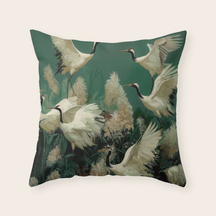 Japanese Poster Heron chinoiserie Print Bird Wall Art asian Japandi Wall Art sage green Painting Throw Pillow Gallery Image 1