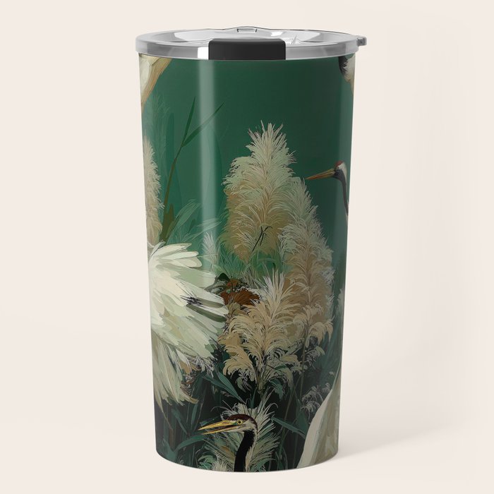 Japanese Poster Heron chinoiserie Print Bird Wall Art asian Japandi Wall Art sage green Painting Travel Mug Gallery Image 1