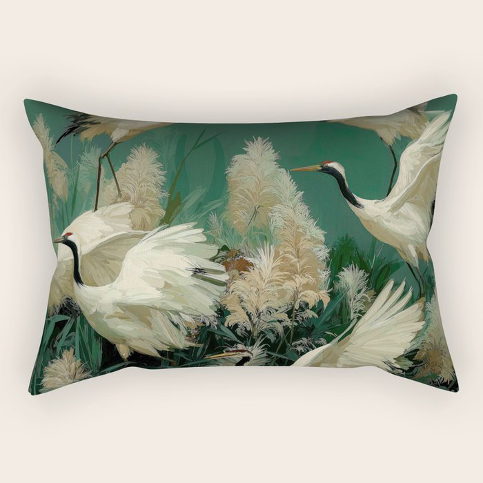 Japanese Poster Heron chinoiserie Print Bird Wall Art asian Japandi Wall Art sage green Painting Rectangular Pillow Gallery Image 1