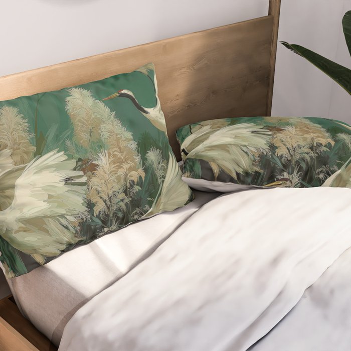 Japanese Poster Heron chinoiserie Print Bird Wall Art asian Japandi Wall Art sage green Painting Pillow Sham Gallery Image 2