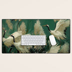 Japanese Poster Heron chinoiserie Print Bird Wall Art asian Japandi Wall Art sage green Painting Desk Mat Gallery Image 1